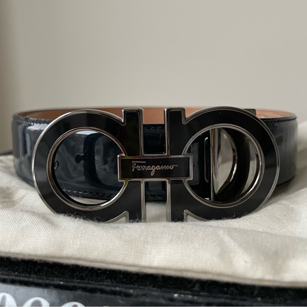 Ferragamo Midnight Blue Patent Dark Silver and Enamel Gancini Belt 90cm